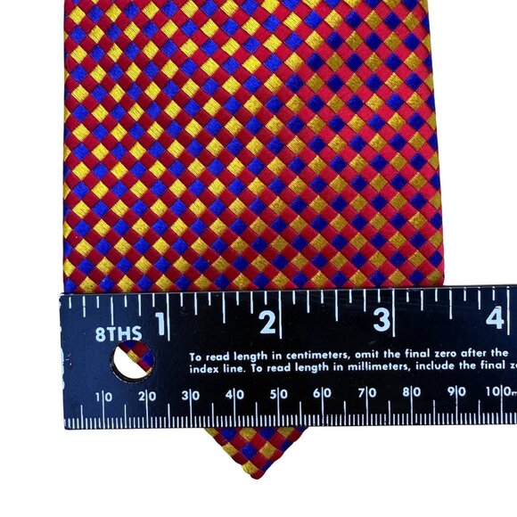 Ben Silver Mens Red & Yellow Silk Handmade Checkered Tie - Picture 8 of 8